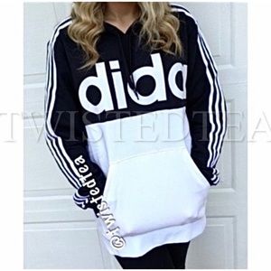 🖤 NWT XL hoodie sweatshirt adidas colorblock 3 stripe pullover spell out pocket